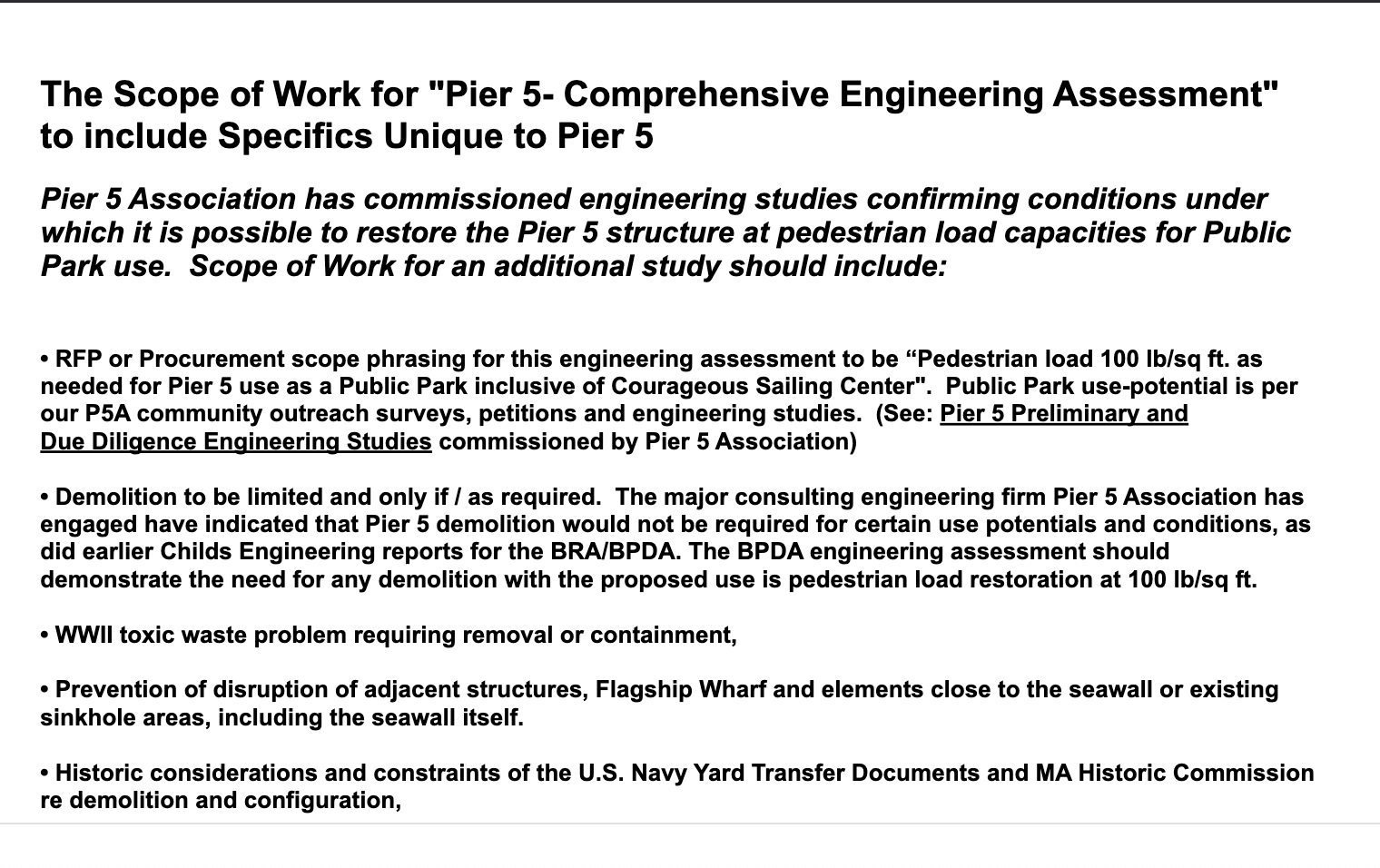 Scope of Work for “Pier 5- Comprehensive Engineering Assessment”to include Specifics Unique to Pier 5